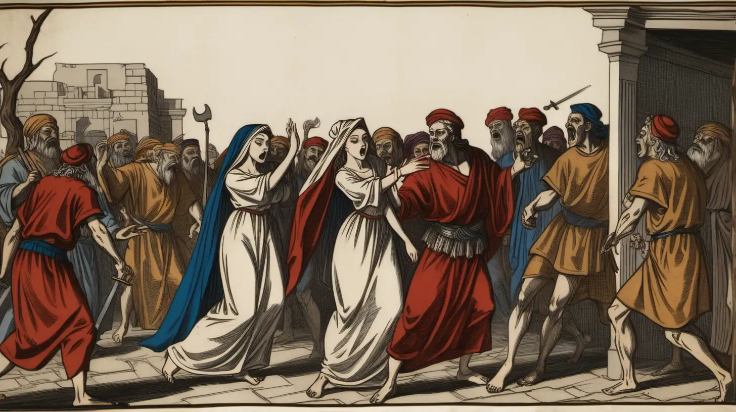 imagen de la levita y su concubina y un grupo de hombres perversos sacan la hija con fuerza de la casa