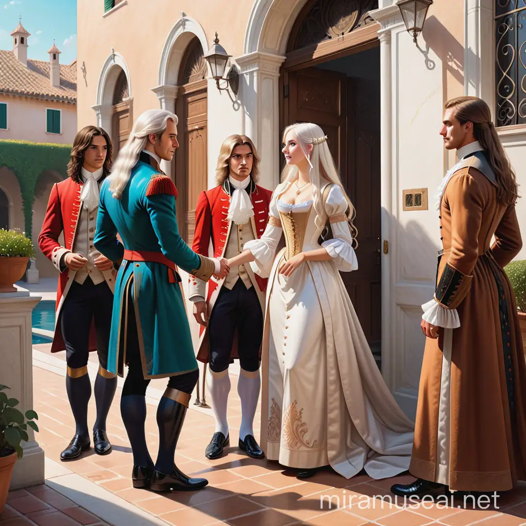 Fantasy Encounter WhiteHaired Woman and Entourage at Venetian Estate