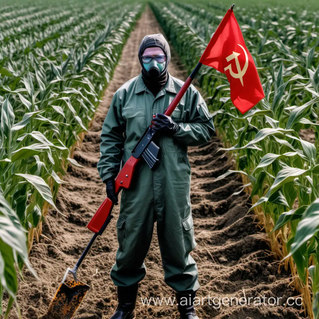 агроном в химзащите с флагом серп и молот стоит в кукурузном поле с чашками петри и автоматом Калашникова 
