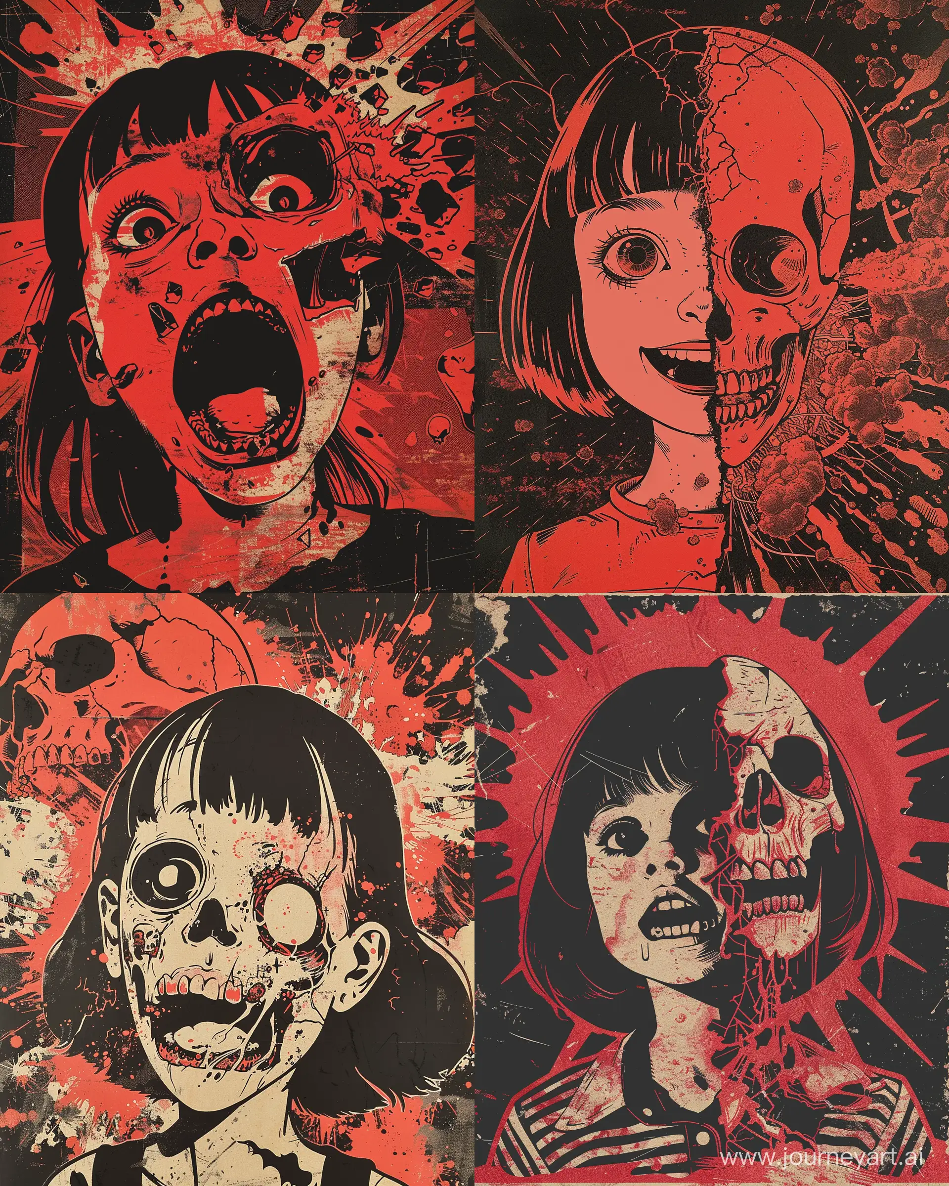 horror poster of a cute girl with an open face with a skull, in the style of distorted, fractured depictions, red and black,  nuclear explosion, 1970–present, criterion collection, ultrafine detail, comic art, paper cut-outs --ar 4:5 --v 6