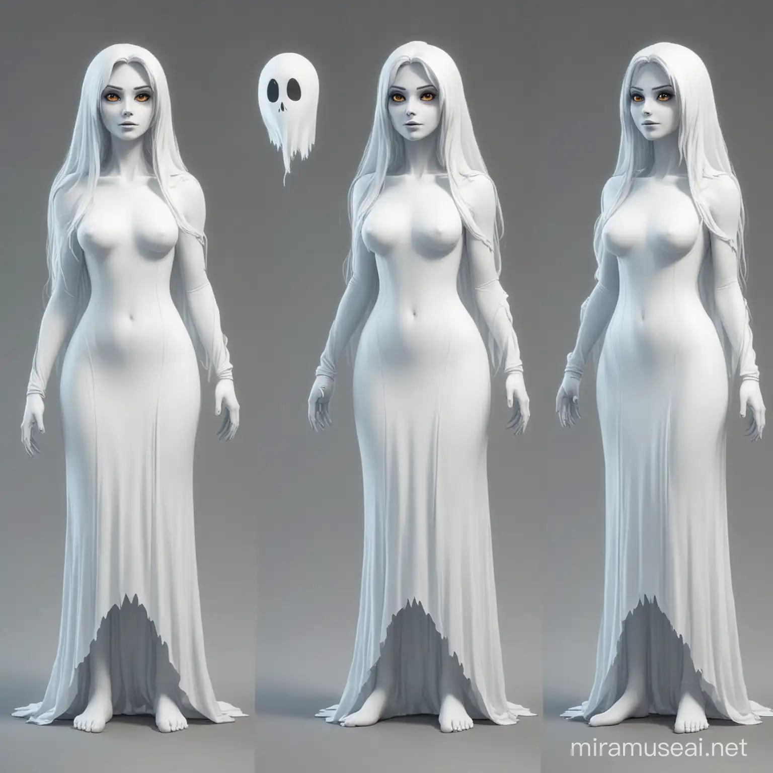 cartoon ghost woman, front and side view pose, full body