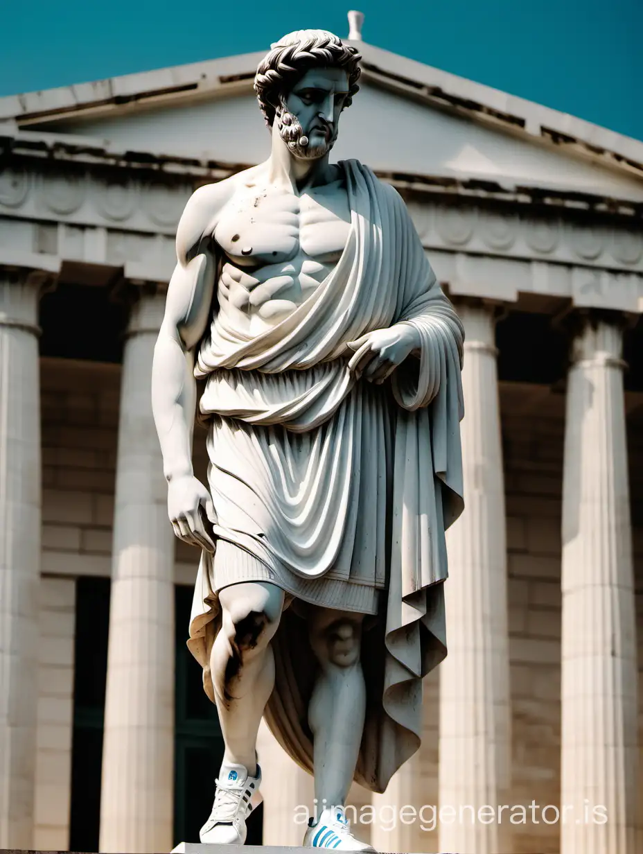 Greek statue wearing Adidas robes