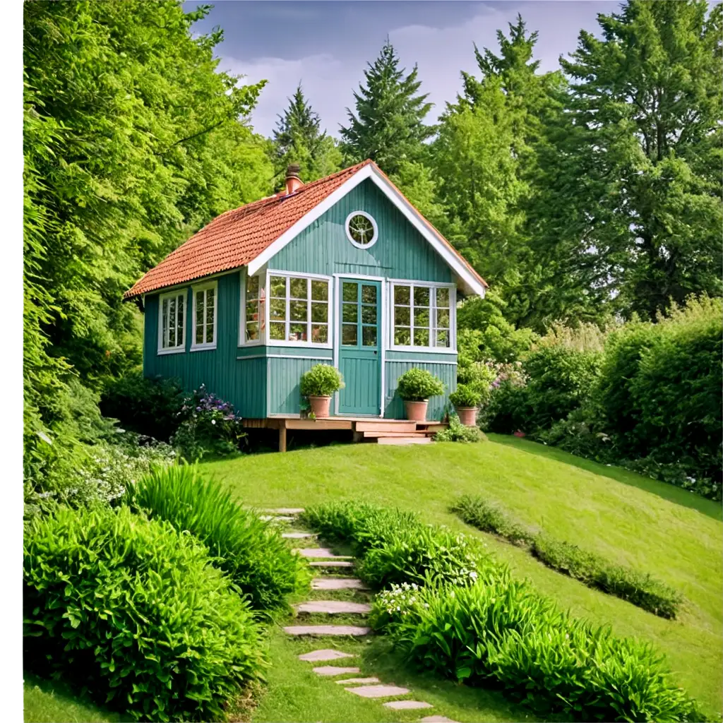 A tiny green house on a hill, sorrounded by green beutiful garden and trees, in a very beautiful and shine day