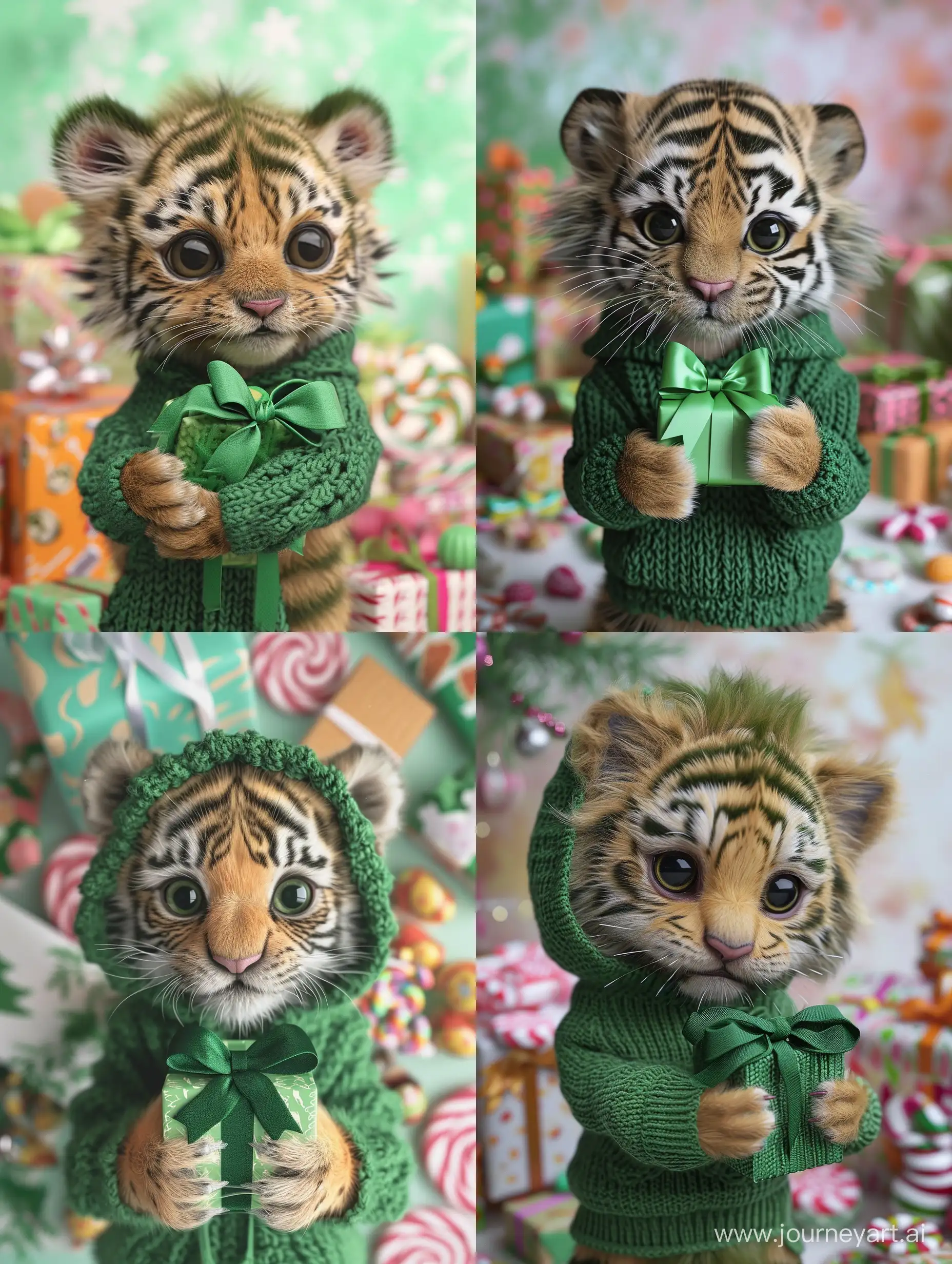 Adorable-Green-Fluffy-Tiger-Cub-with-Gift-in-Hand