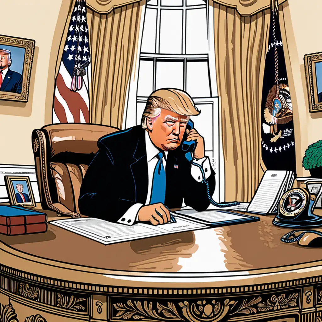 Create a colorful comic-style illustration featuring Donald Trump seated alone at his desk in the Oval Office, engaged in conversation on the phone. The scene should convey a sense of contemplation or seriousness, with Obama's expression reflecting the weight of his conversation. Incorporate iconic elements of the Oval Office for context, such as the presidential seal or the Resolute Desk.