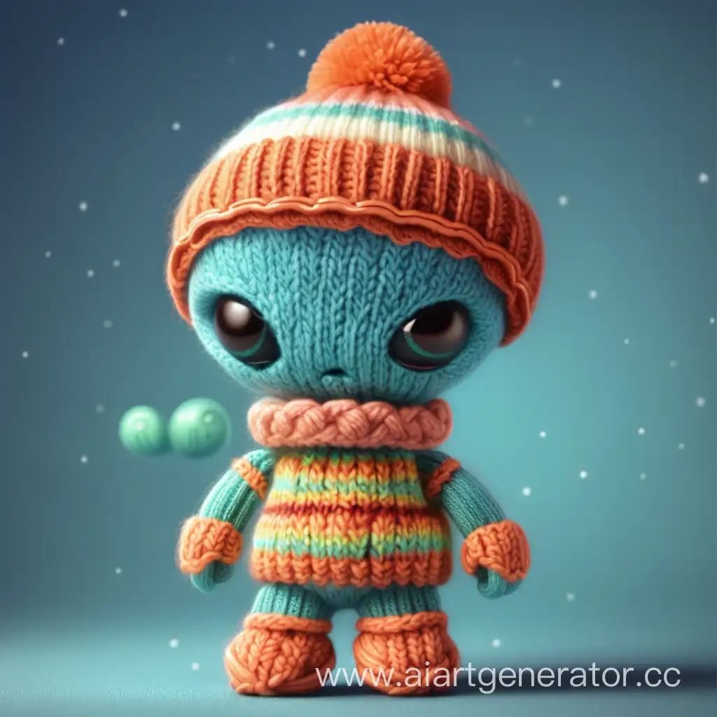Knitted cartoon alien in a knitted hat