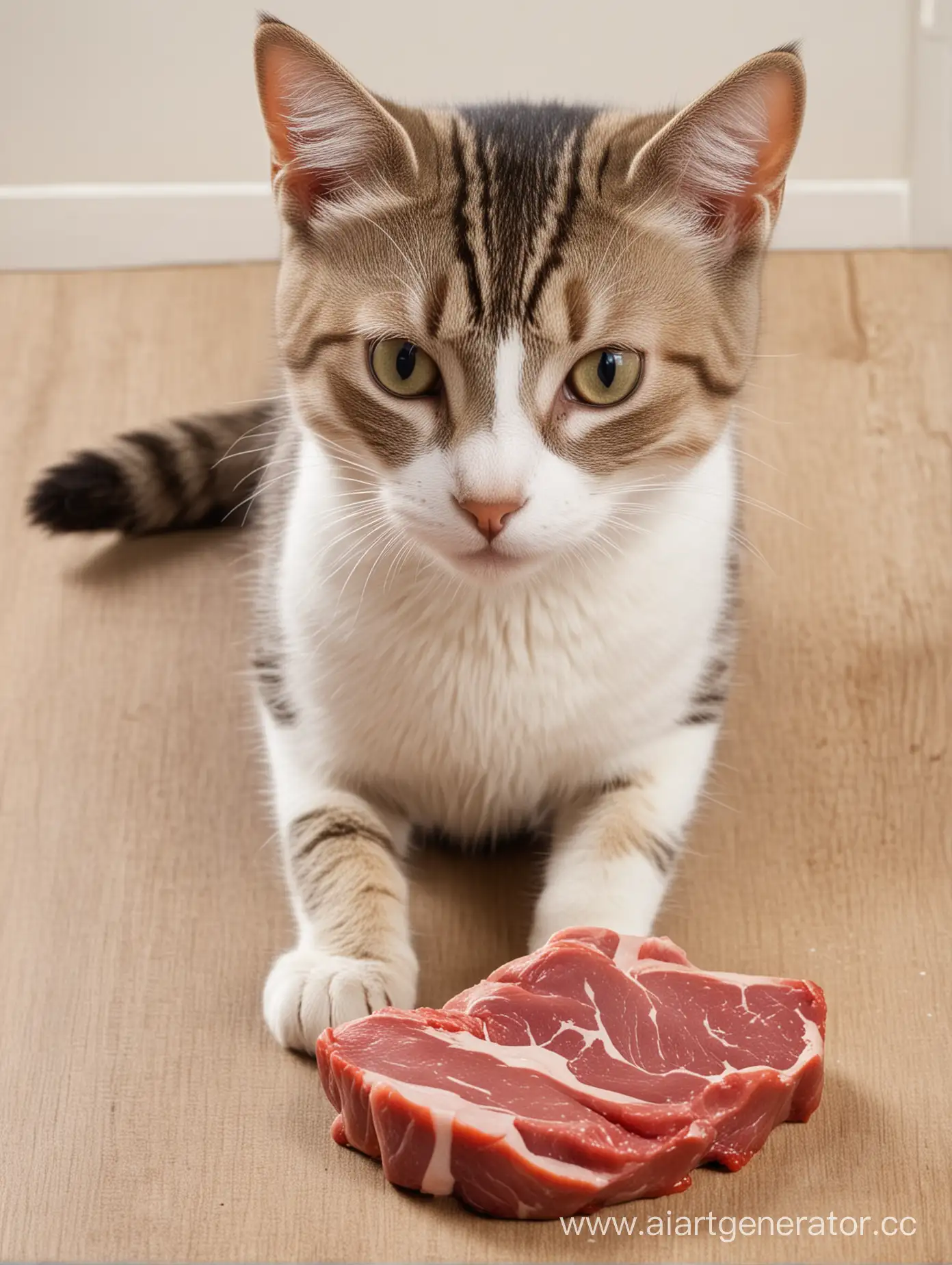 Hungry-Cat-with-a-Tempting-Piece-of-Meat