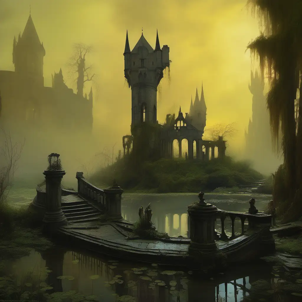 In the style of a baroque painting, a sprawling castle in ruins, it is in a misty swamp, it is sunken, it was once beautiful, it has lots of gardens