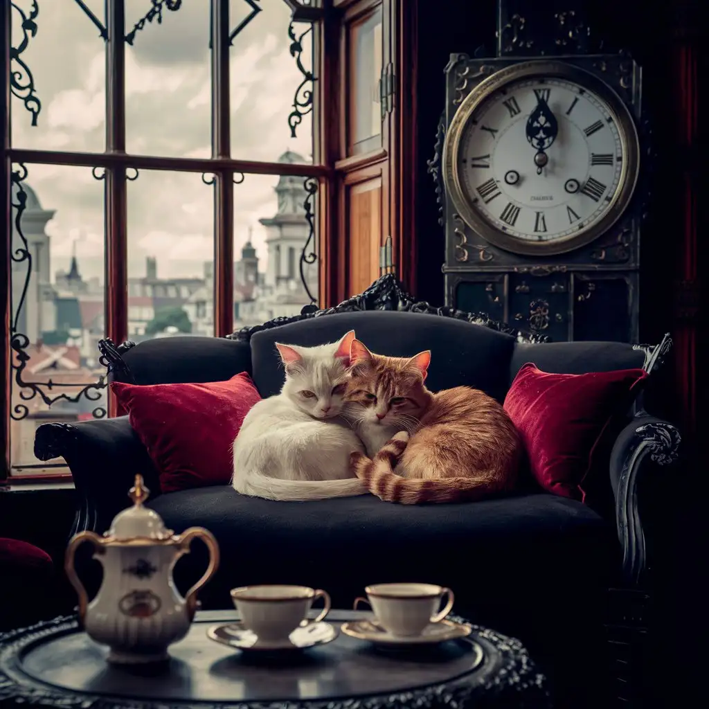 a photo with a view of a living room in Victorian style, where two cats are lying on a dark sofa and cuddling each other. The cats are white and ginger, and the sofa has red pillows. On a low table in front of the sofa, there is a porcelain coffee pot and two cups with saucers. On the wall behind the sofa, there is a large clock with a metal frame and Roman numerals.