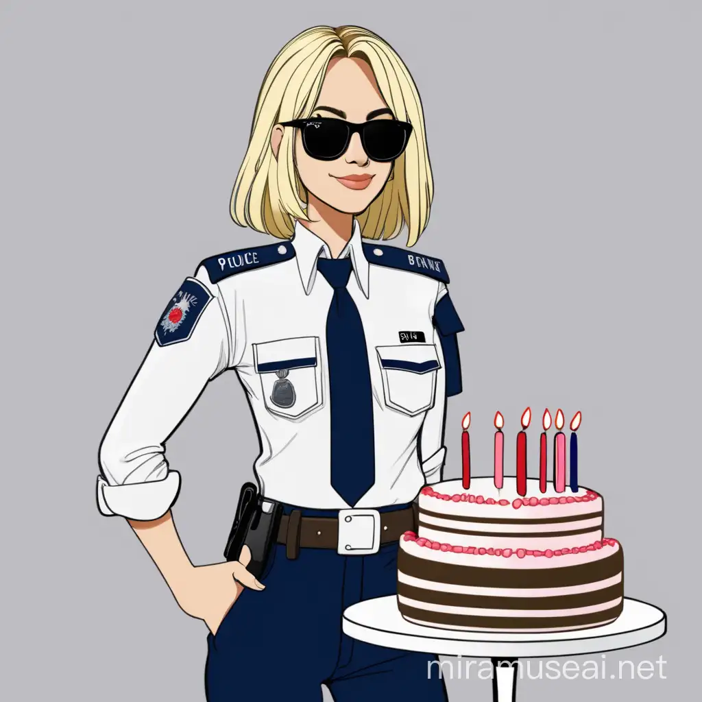 J'aimerai que tu crée un gateau d'anniversaire pour une femme francaise policière. Elle est blonde cheveux droit mi long avec lunette de soleil rayban