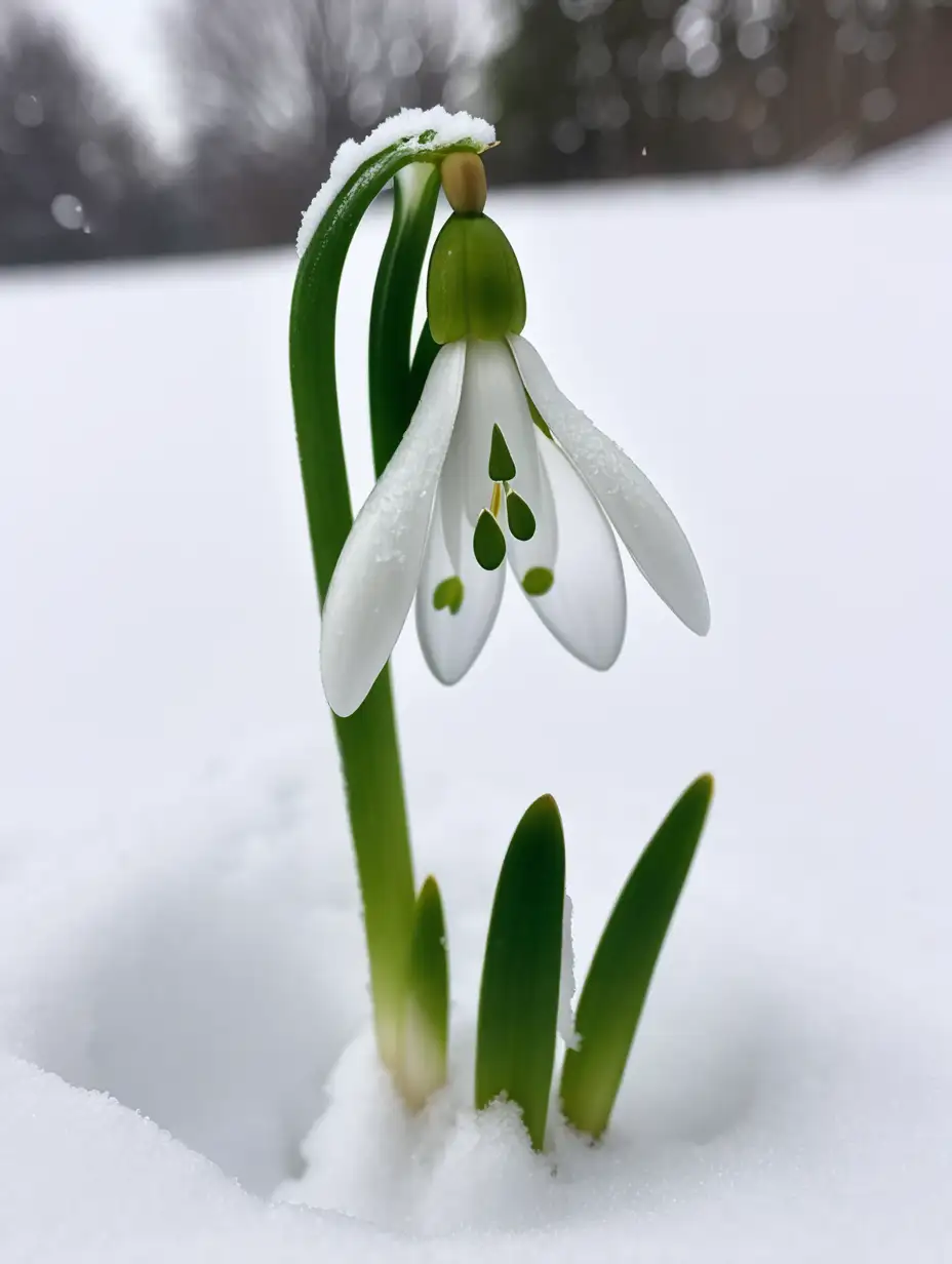 Snowdrop Emerging from Snow Delicate Flower Blossoming in Winter Landscape