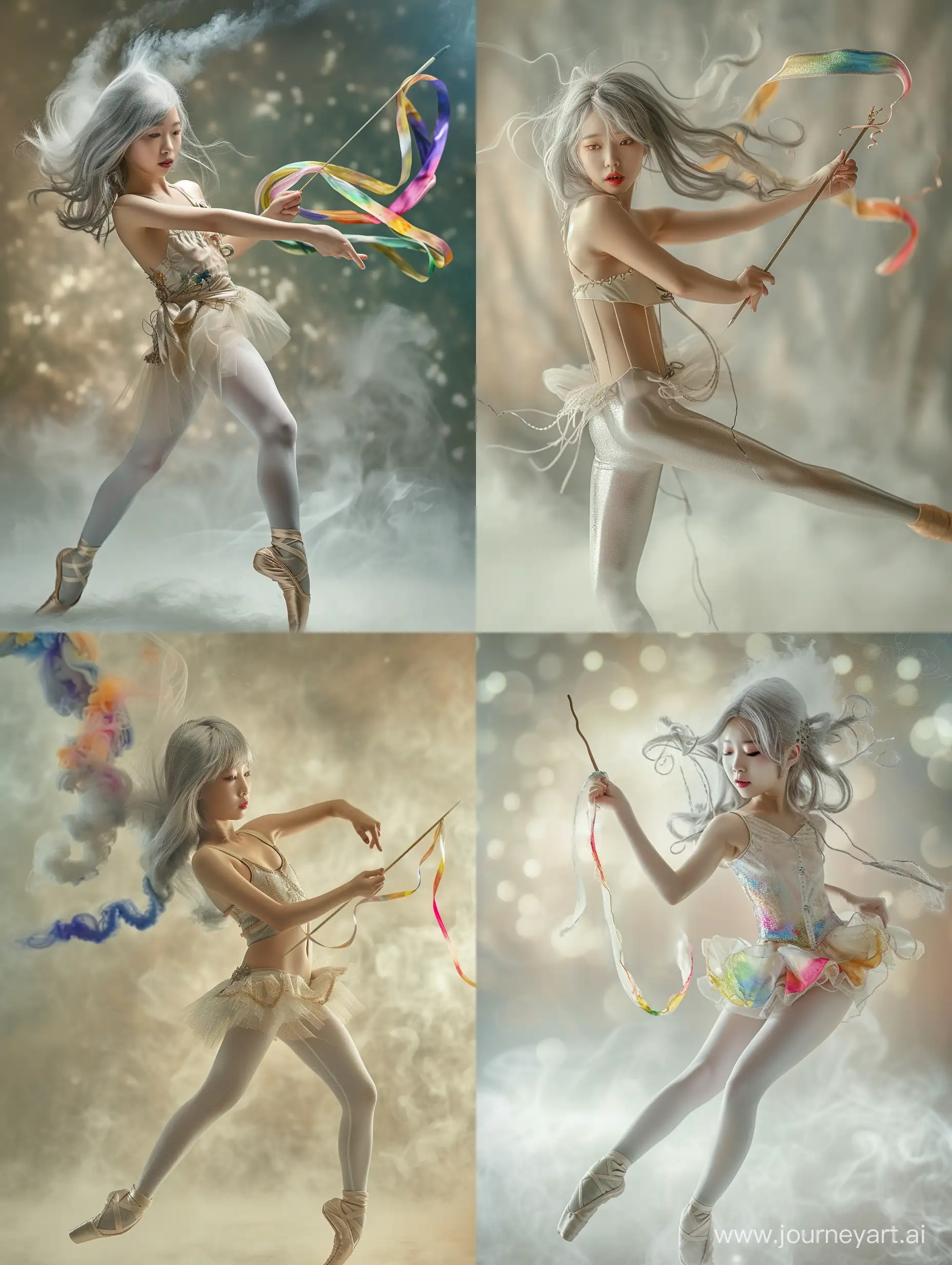 Surrealist-Silk-Dancing-Modern-Asian-Woman-in-Ballet-Attire-with-Smokeformed-Silver-Hair