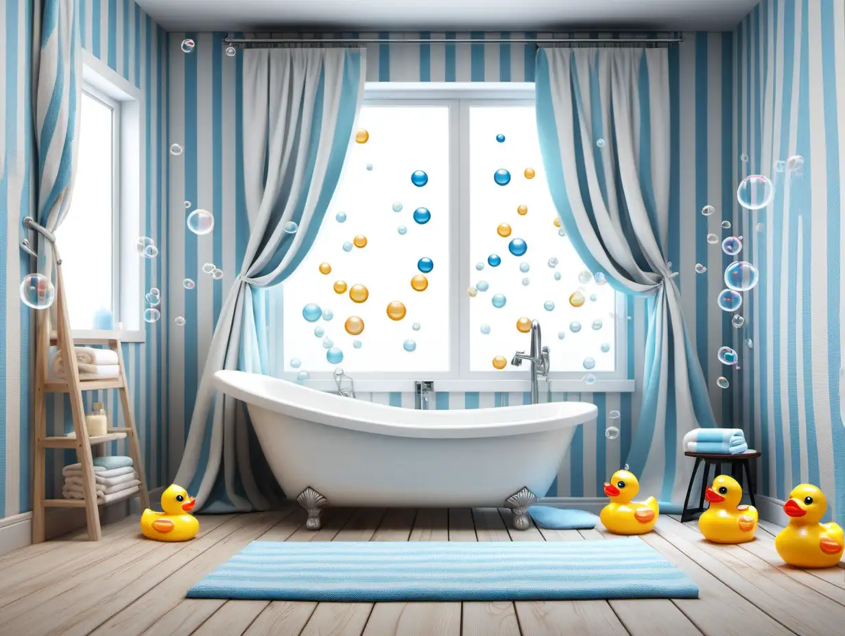 Whimsical Rubber Duck Bathtime Scene with Floating Bubbles