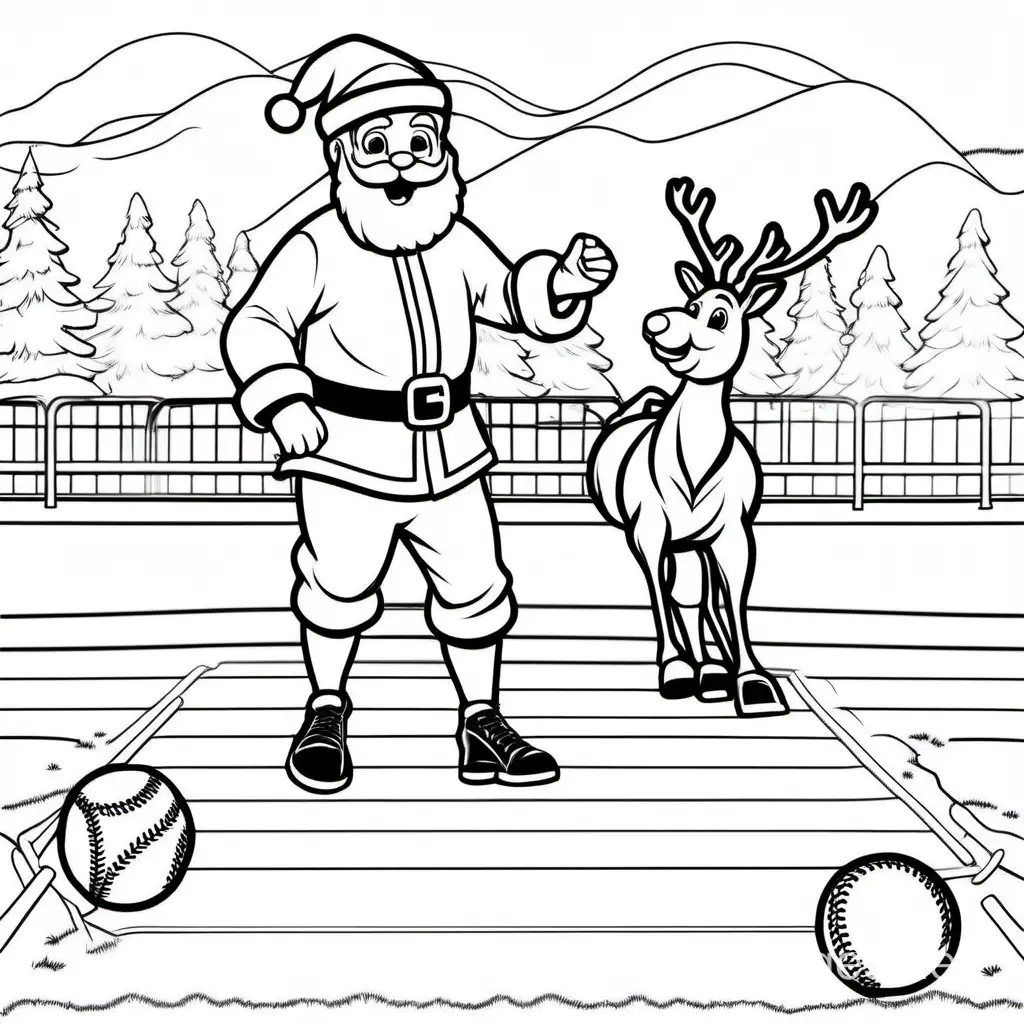 santa playing baseball won a baseball field with reindeer, Coloring Page, black and white, line art, white background, Simplicity, Ample White Space. The background of the coloring page is plain white to make it easy for young children to color within the lines. The outlines of all the subjects are easy to distinguish, making it simple for kids to color without too much difficulty