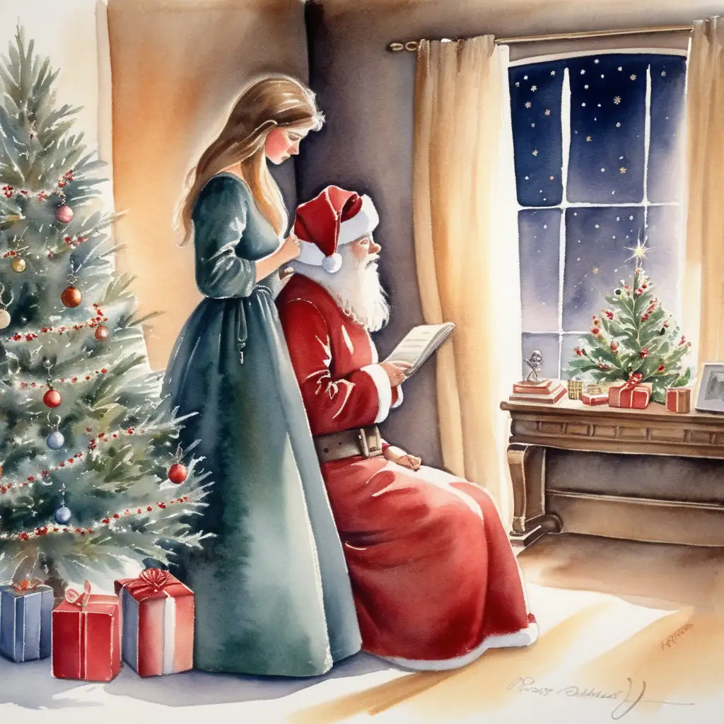 Joyful Woman Embracing Christmas Spirit in Richard CorbenBernetInspired Watercolor