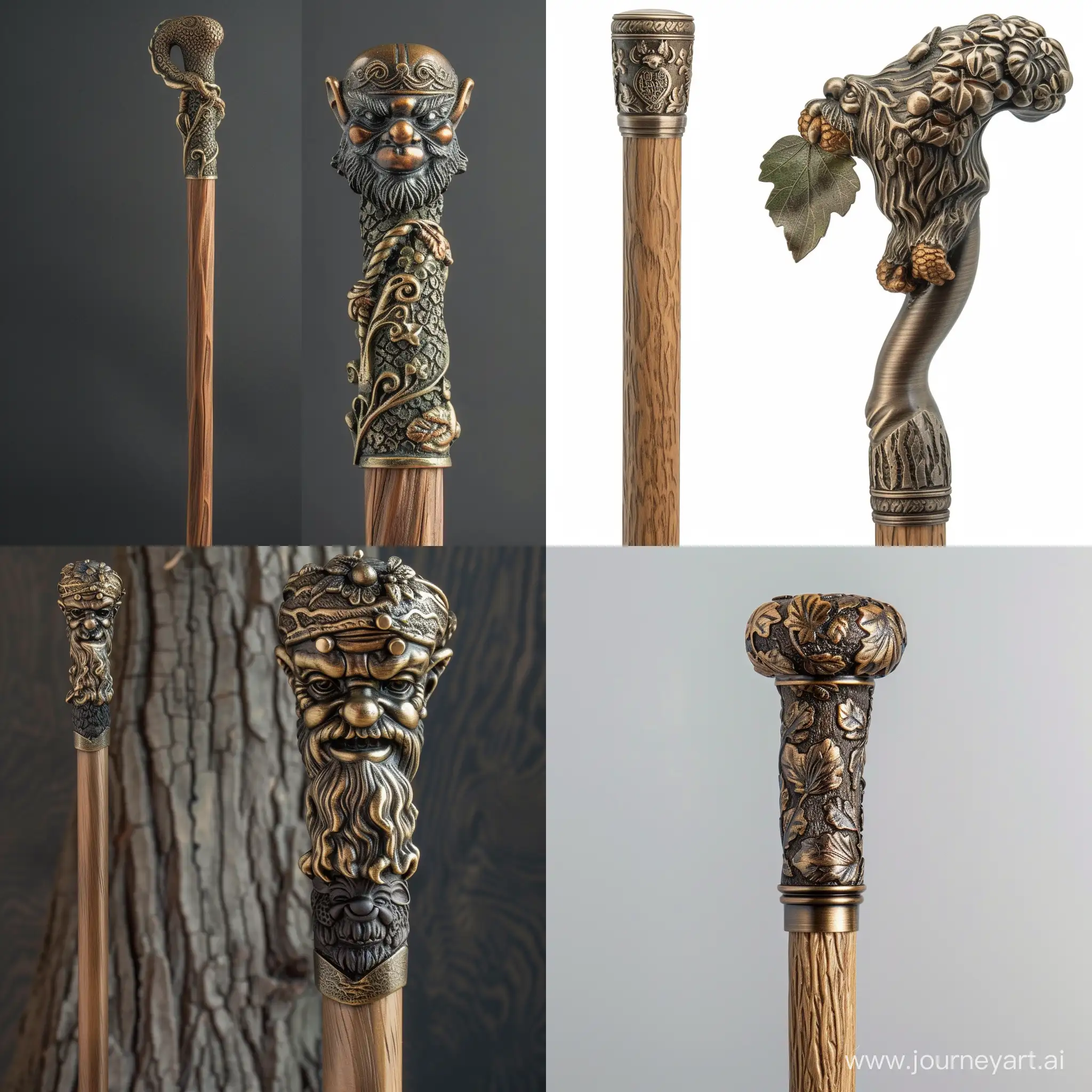 Cane with dwarf ornament, the head of the cane is made of bronze, the tree of the shaft is oak, hd, detailed
