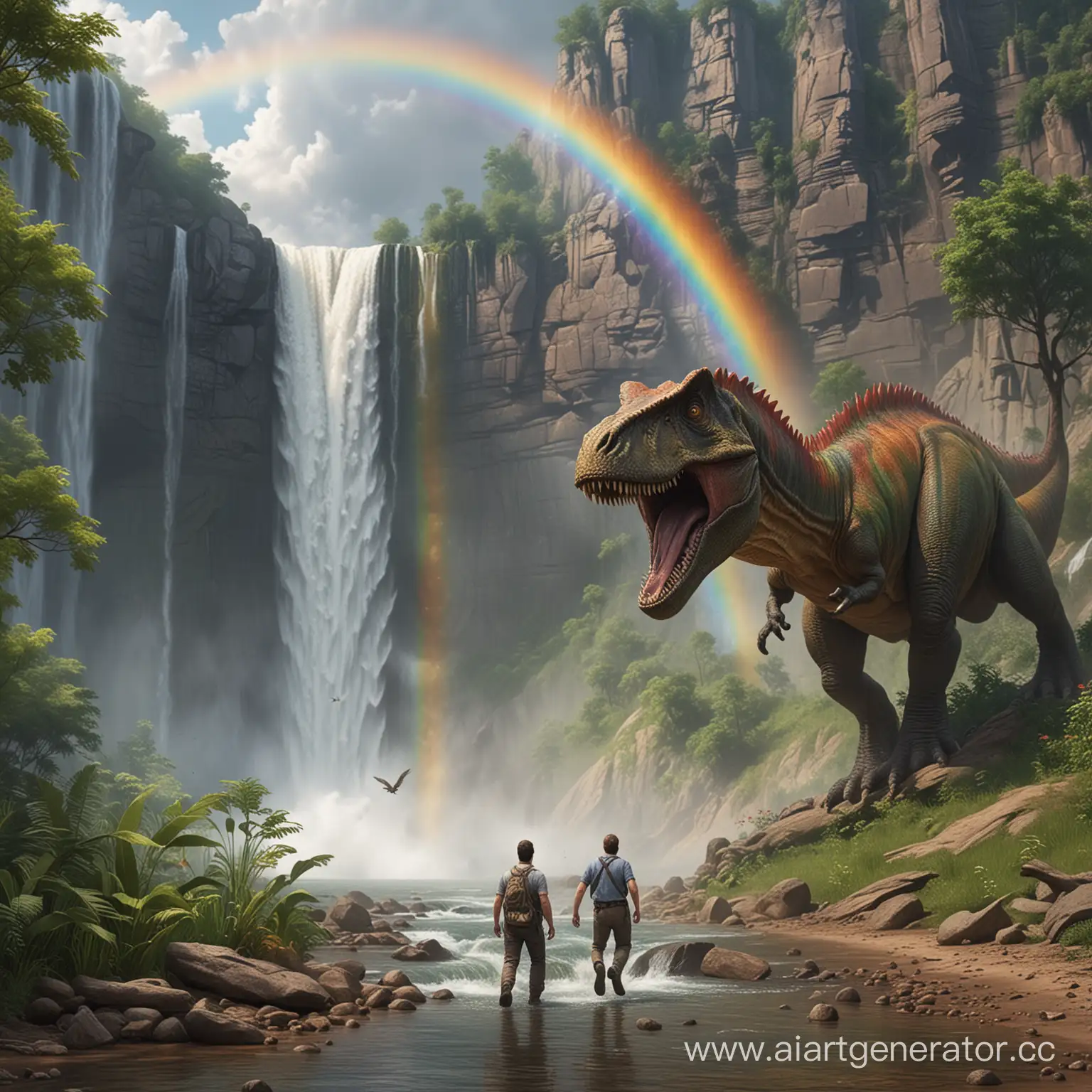Man-Evades-Dinosaur-Near-Waterfall-with-Rainbow