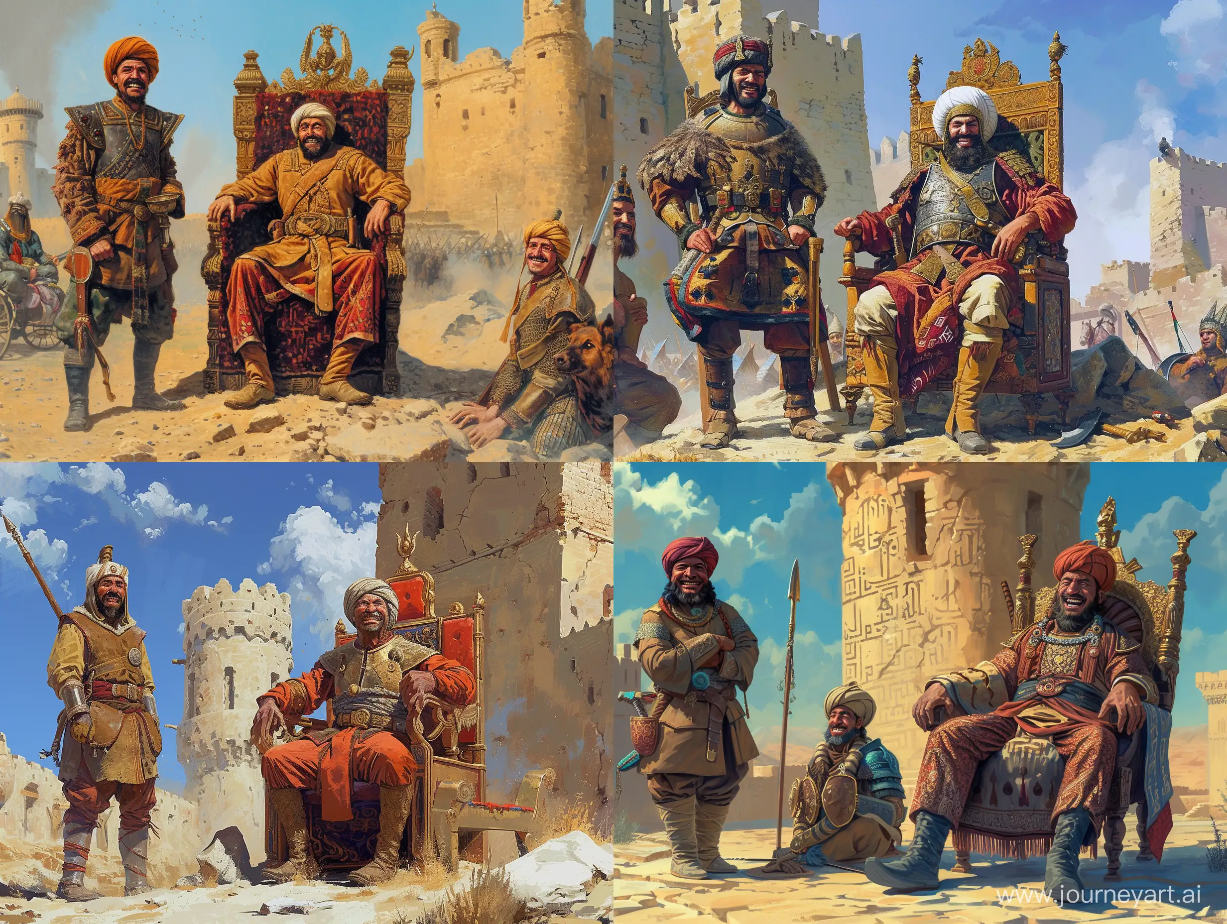 After occupying the Persian castle, the Arab soldier sits down on the throne of the Persian Empire in the Bam citadel with a frightening smile, while a smiling Mongol soldier stands next to the chair on the left.