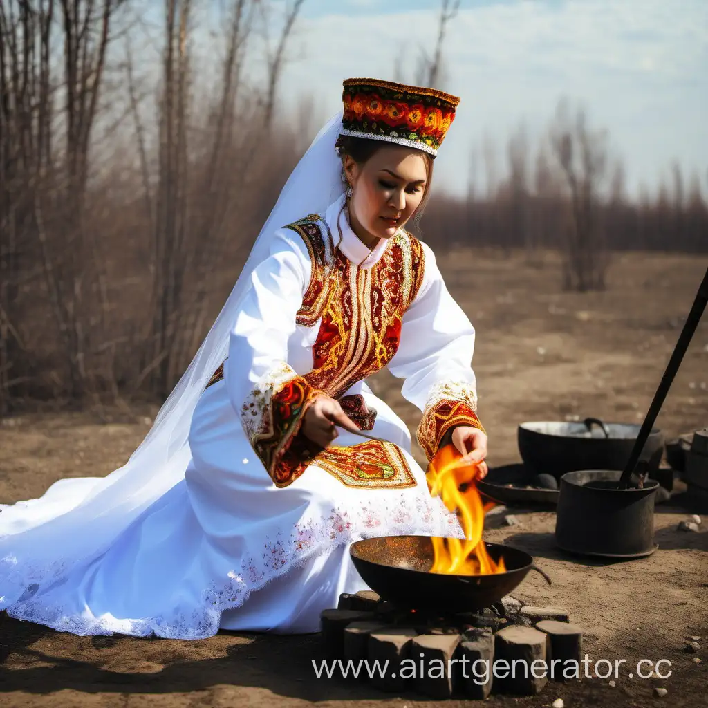 невеста в казахском национальном костюме льет масло на огонь