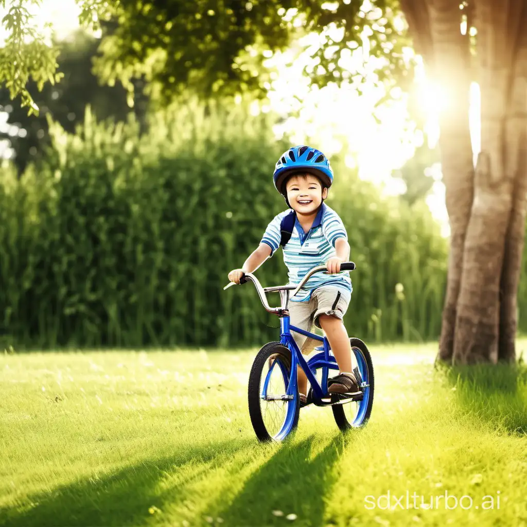 Sunshine little boy, smiling, riding a bicycle, natural light, backlight, background grass, high definition