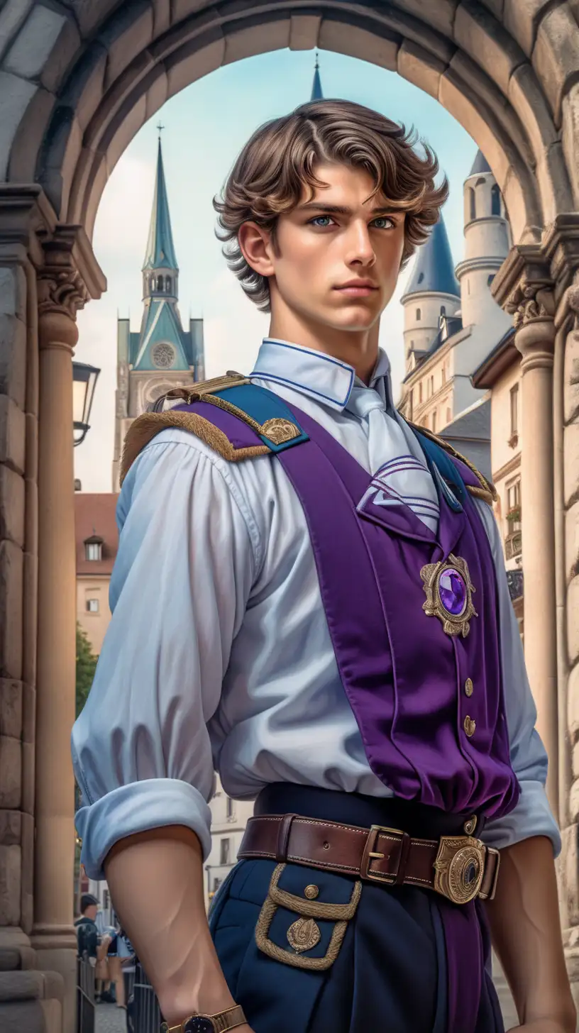 beautiful and muscular male with purple eyes in his late teens, short brown hair, wearing a uniform of a magical academy, in the style of Alfons Mucha, standing in front of a city gate of an old town, High and short depth of field, Ray tracing, hyperdetailed, hyper realistic, epic portrait, in dynamics, rich, cinematic color grading, stunning, photorealistic, 8k, shot on Canon EOS-1D X Mark III, photorealistic painting, e video, photo taken of an epic intricate, The camera settings are carefully chosen to emphasize the soft light and the subject: an aperture of f/5. 6, ISO 200, and a shutter speed of 1/125 sec, cinematic 35mm --ar 51:91 --s1000