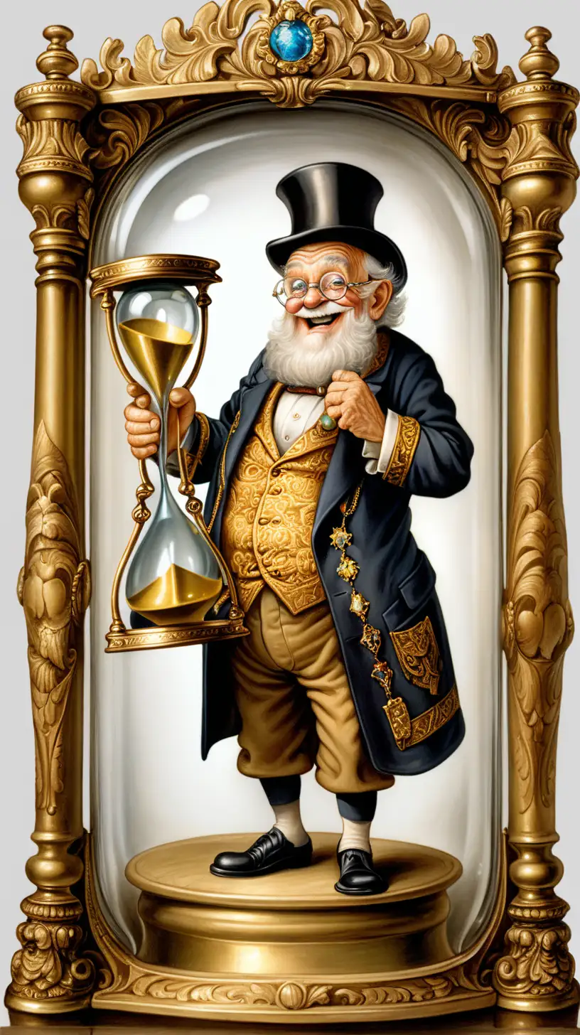 En tecknad rollig gubbe håller i ett mycket exklusivt dekorerat timglas i guld från 1800-talet i helbild, mycket detaljerad bild inanför ramkanten