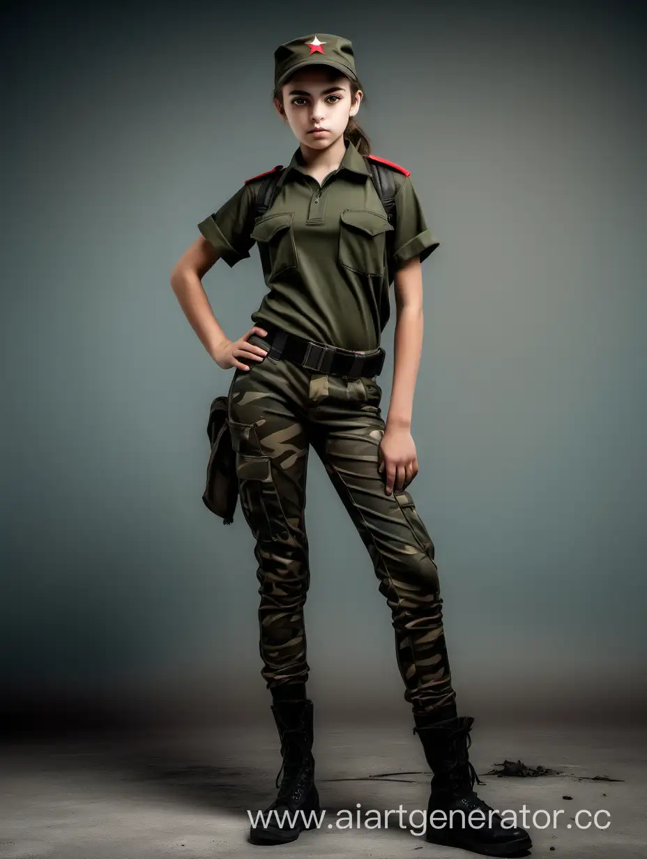 Post-Apocalypse, кубинский,революционер, tomboy in uniform, 15-year-old, tomboy, full body, military camouflage tight leggings, Photos 8K, modern military uniform, solo, without weapon