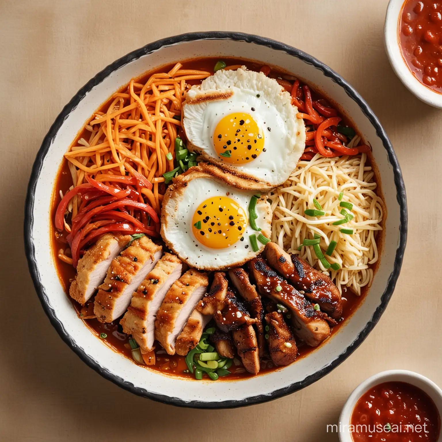 Korean Barbecue Bibimbap and Chicken Cutlet Overhead Shot with Tomato Sauce
