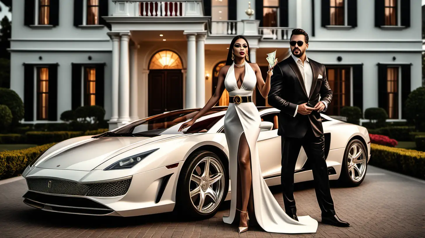 Affluent Couple Showcasing Wealth with Mansion Yacht and Luxury Car