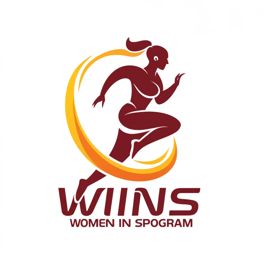 a logo design, with the text 'WOMEN IN SPORTS PROGRAM WINS', main symbol: A FEMALE SPORTSPERSON IN RED COLOR WITH A GRADIENT OF YELLOW AND ORANGE, Moderate, to be used in Sports Fitness industry, clear background