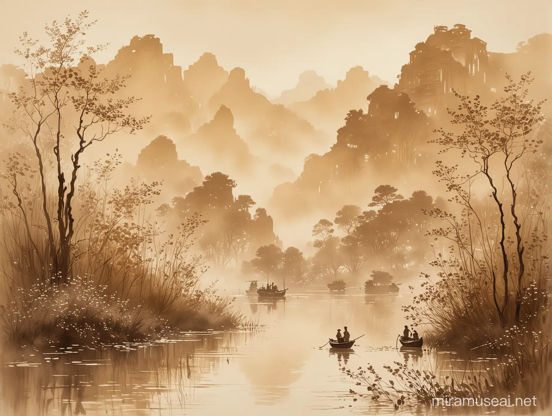 Claude Monet Inspired Chinese Watercolor with Soft Mist Double Exposure Effect