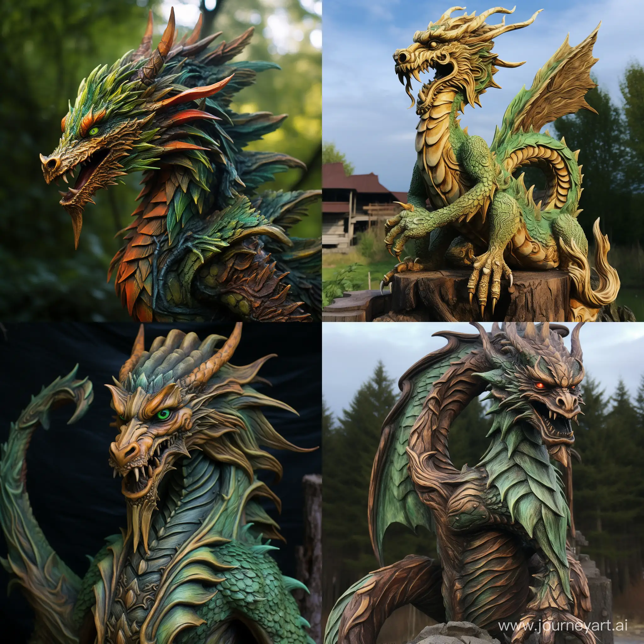 A real green beautiful hyperrealistic fiery wooden mighty dragon
