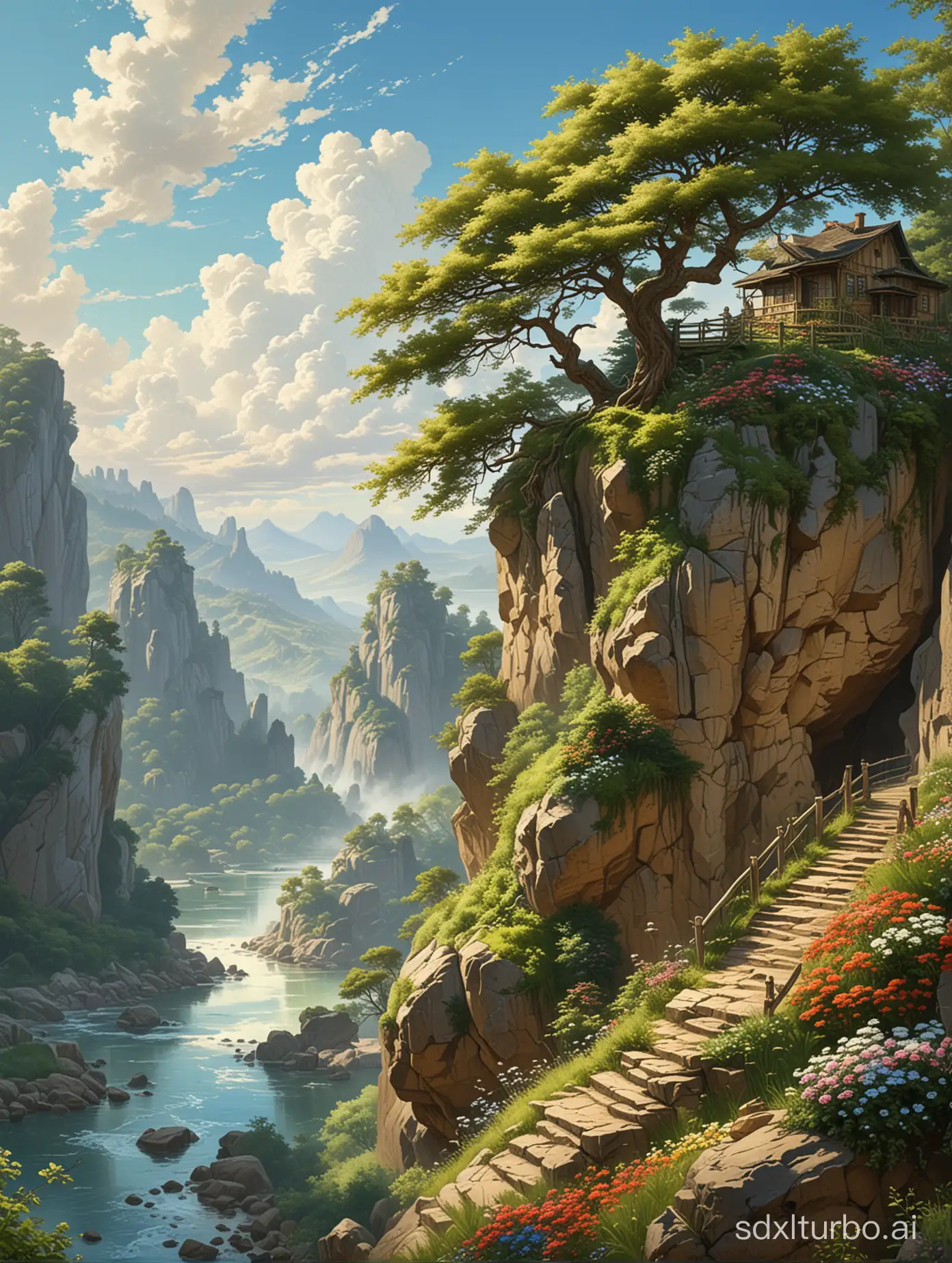 create a stunning ultrarealistic painting in the style of Carl Spitzweg, depicting a single high cliff with a volkswagen in the edge. Atop the rock, a majestic bonsai tree with intricate branches and foliage stands tall. A serene river flows gently beneath the rock, with wooden stairs leading to a tranquil pathway. The scene is adorned with an array of vibrant flowers, lush green grass, and a anime style of blue sky dotted with fluffy white clouds. The high angle view captures the beauty and grandeur of this idyllic landscape.