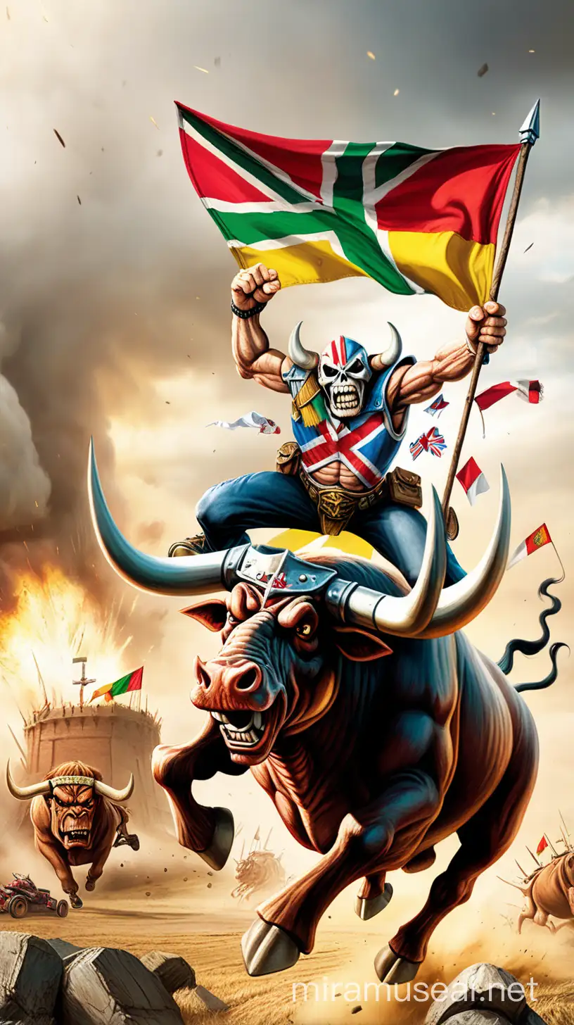 Eddie iš Iron Maiden joja ant tauro dideliais ragais,pusiau šuolyje, rankoj suplėšyta Lietuvos vėliava, kitoj rankoj kardas, fone mūšio laukas ir patranka
