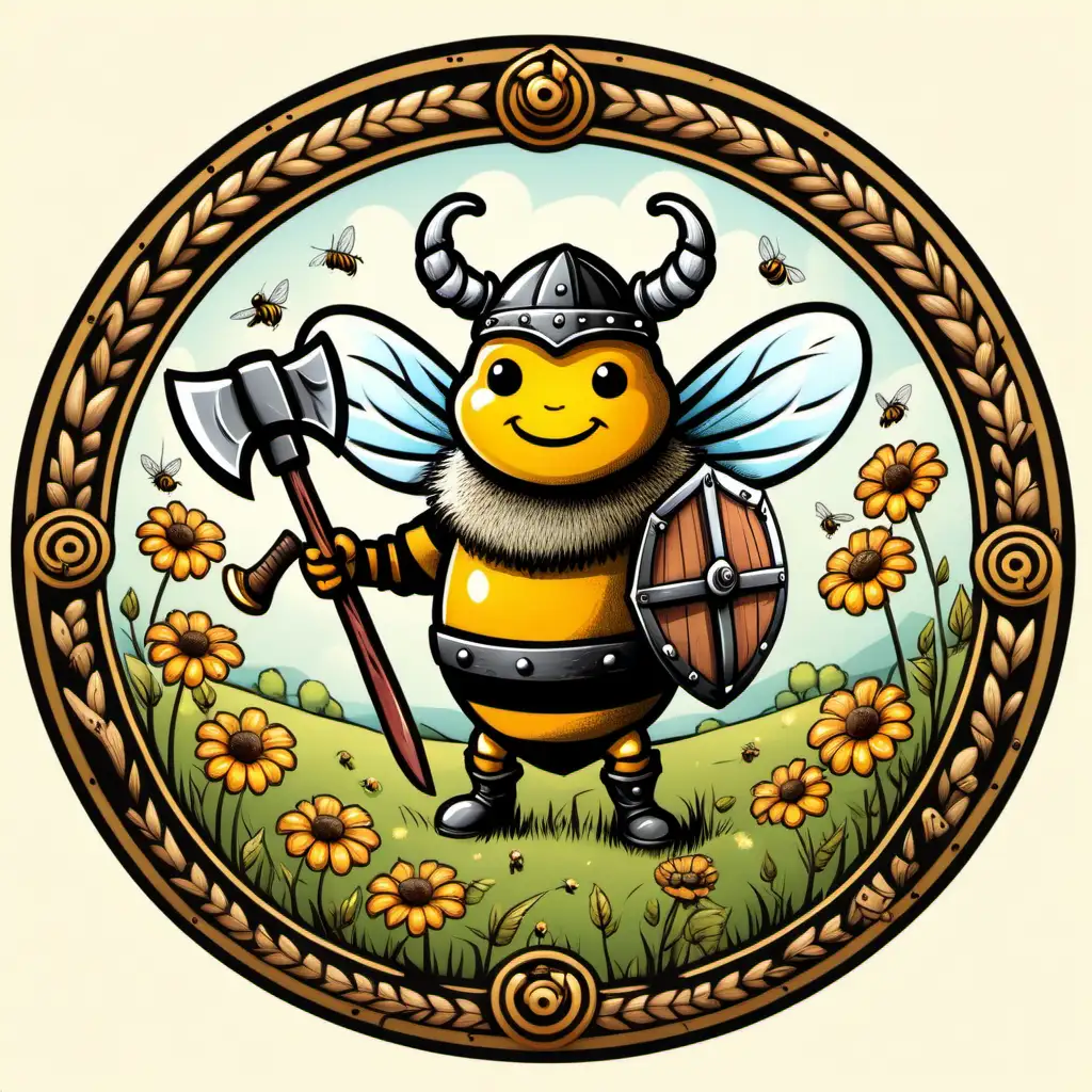 circle shaped decorative border icon with a happy bee wearing a viking horned helmet and holding an axe with a shield buzzing around a meadow 