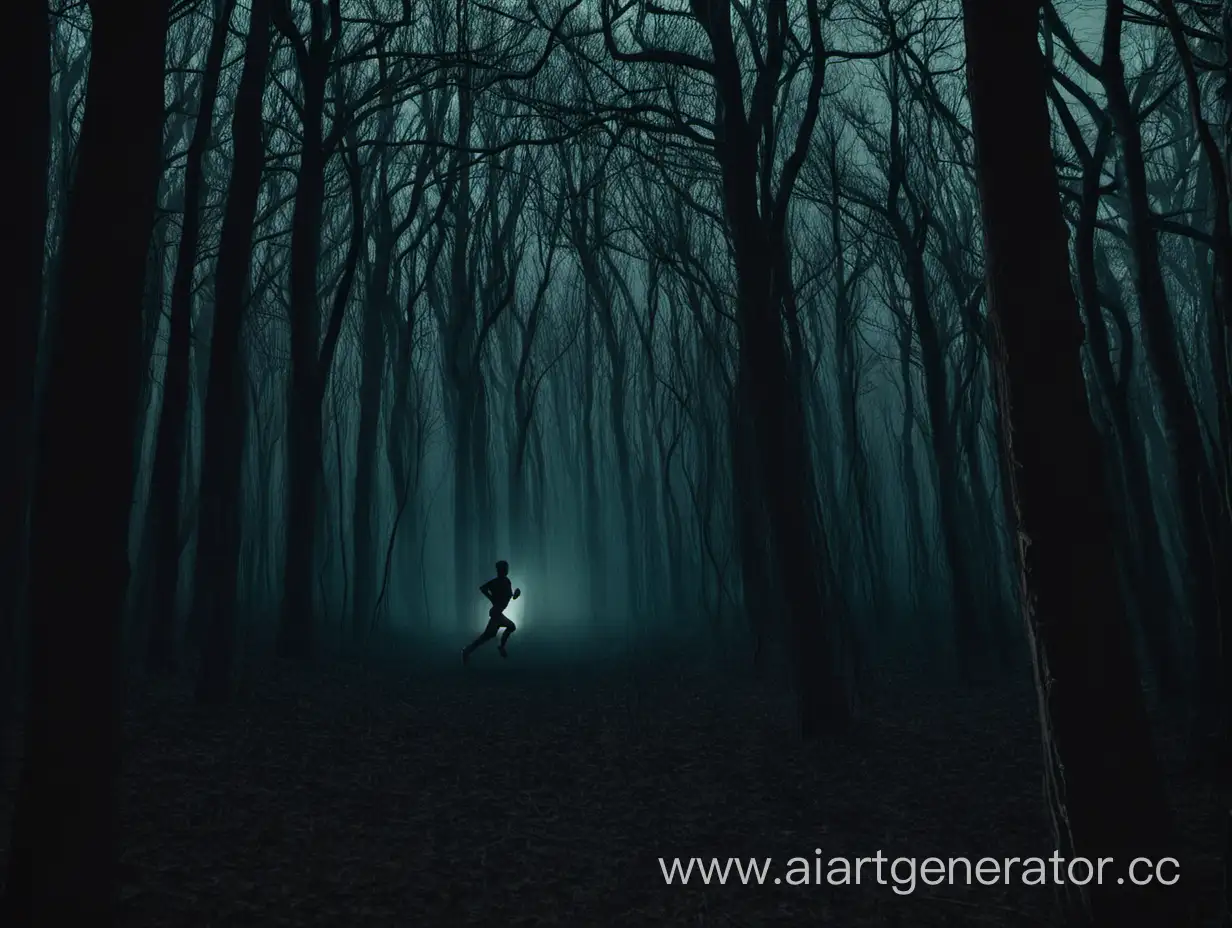 Человек бежит в тёмном лесу