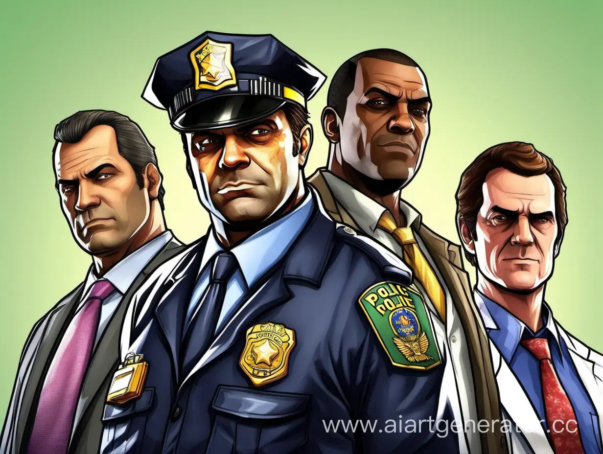 Нарисуй на 1 изображение: полицейского, врача и губернатора из игры GTA 5. Они должны стоять рядом.