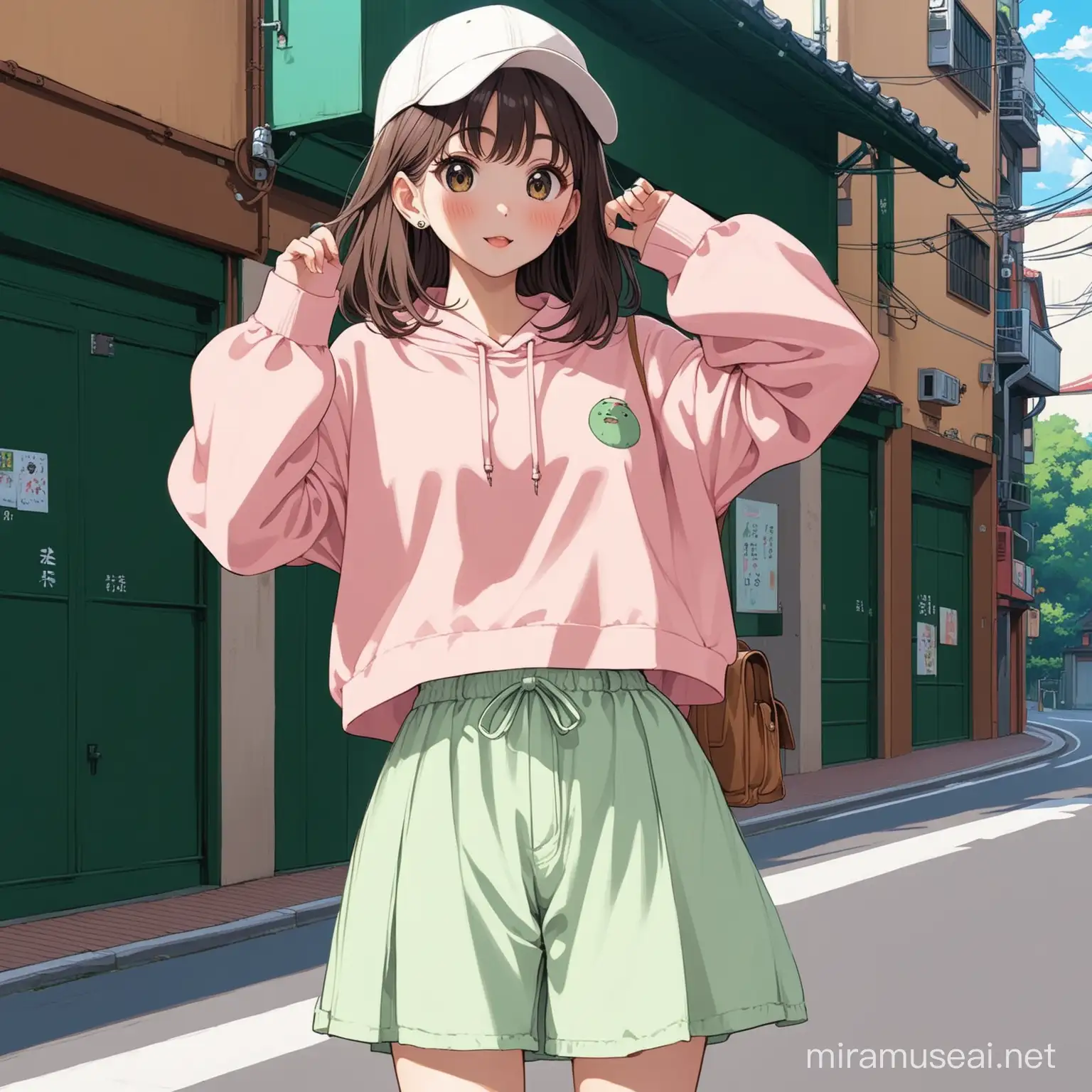 Adorable Girl in Trendy Streetwear Niji 5 Style Inspired by Ghibli