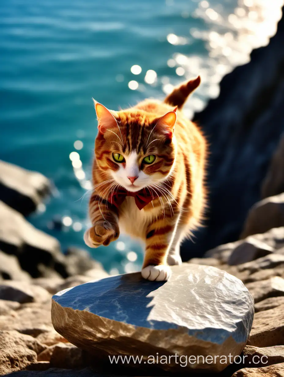 Кот с бантиком подобно Сизифу толкает в гору большой камень. В солнечном свете на берегу моря.
