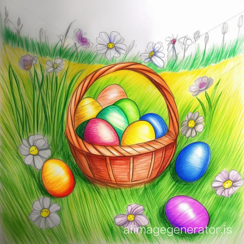 children's drawing with colored pencils for Easter.A basket of colored eggs in a meadow
