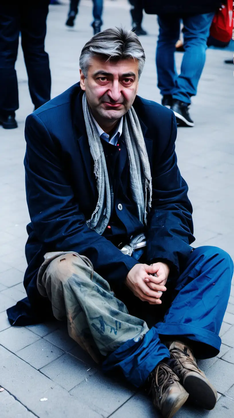 Andrej Plenkovic dressed as a homeless guy sitting on the ground without smile