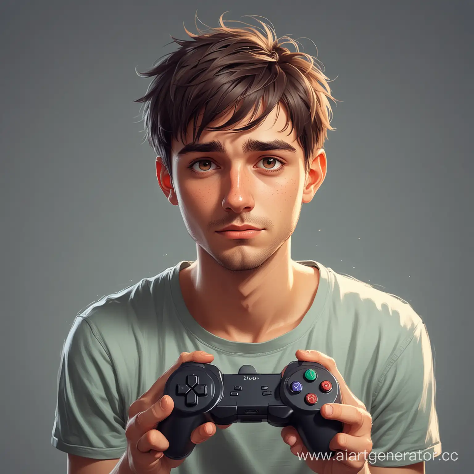 Нарисуй в мультяшном стиле уставшего молодого симпатичного мужчину с небольшой щетиной, который 24-часа играл в видеоигры