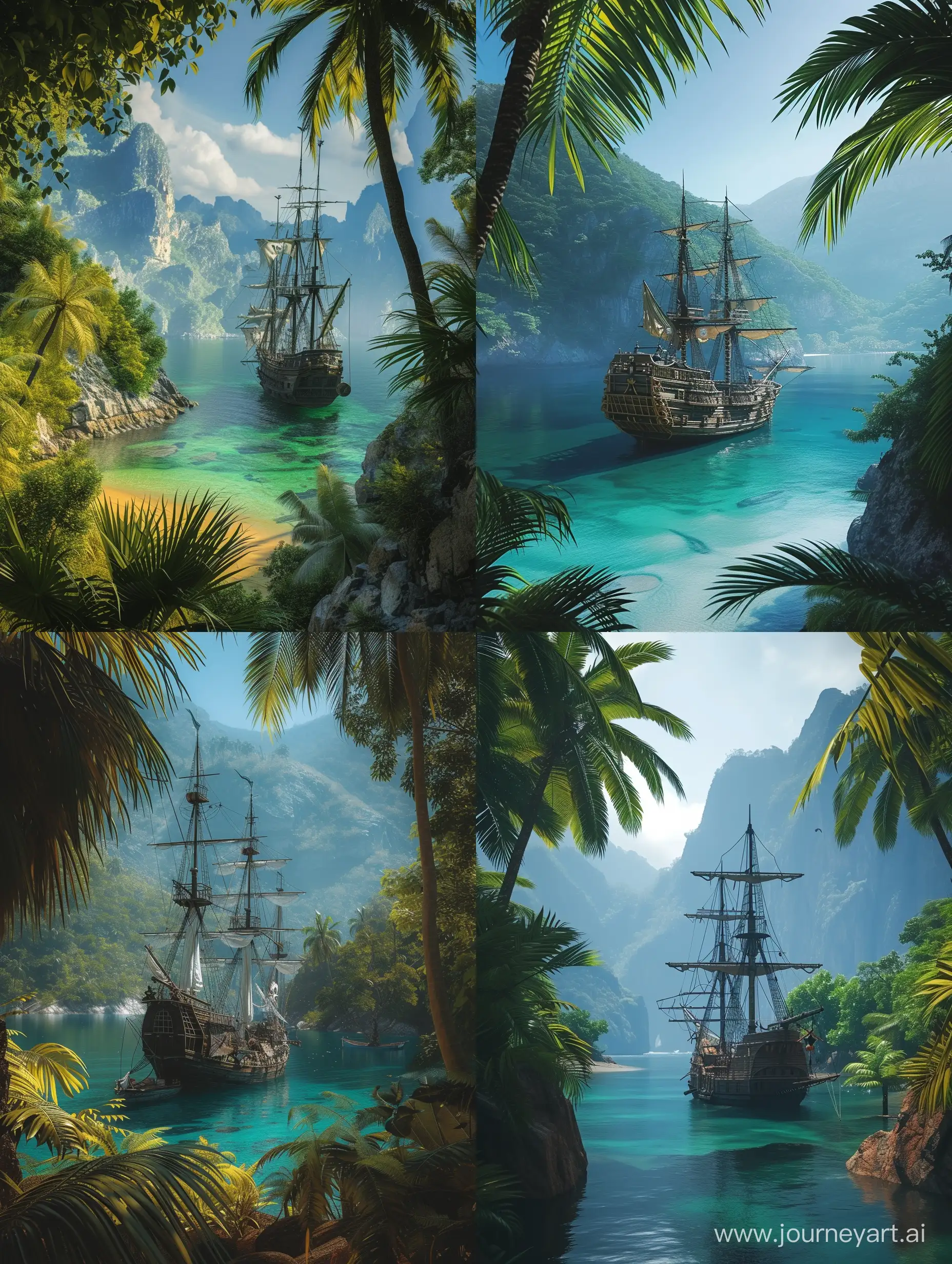 Pirate ship in a tropical bay, in the day light
