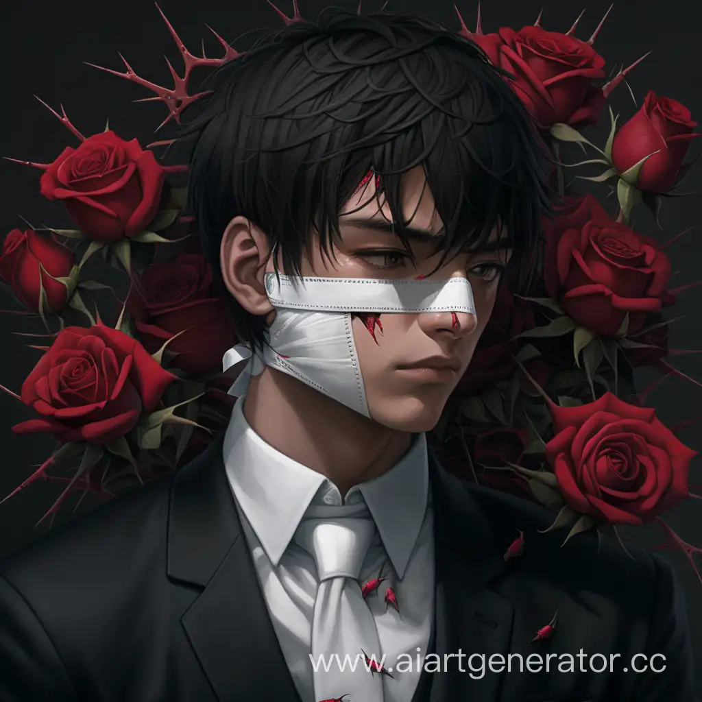 Young-Man-in-Black-Suit-with-Rose-Thorns-and-Bandages