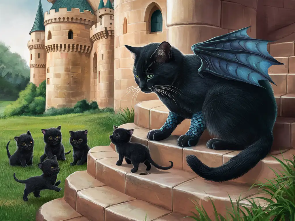 Dragon-Cat-Watching-Kittens-Play-at-Castle-Steps