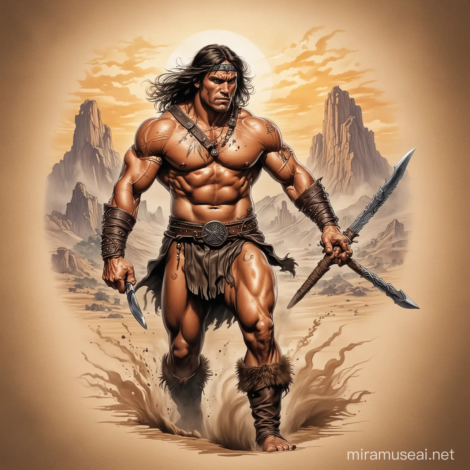 Conan the Barbarian walks against the wind, carrying a club, color tattoo art, Alfredo Alcala style