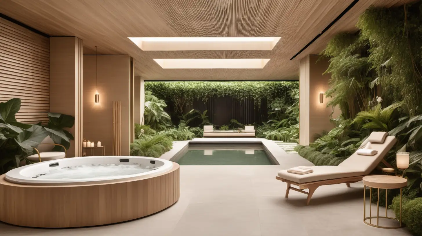 Modern Parisian spa and wellness room; surrounded by lush gardens; open ceiling; beige, light oak, brass colour palette