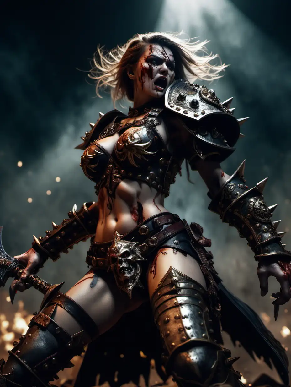 cinematic lighting), in the world of Warhammer , 2 beautiful warrior women fighting for her life, fierce fight, blood on the body, leather studded boots, intricate details, detailed face, detailed eyes, angle from below, hyper realistic photography
