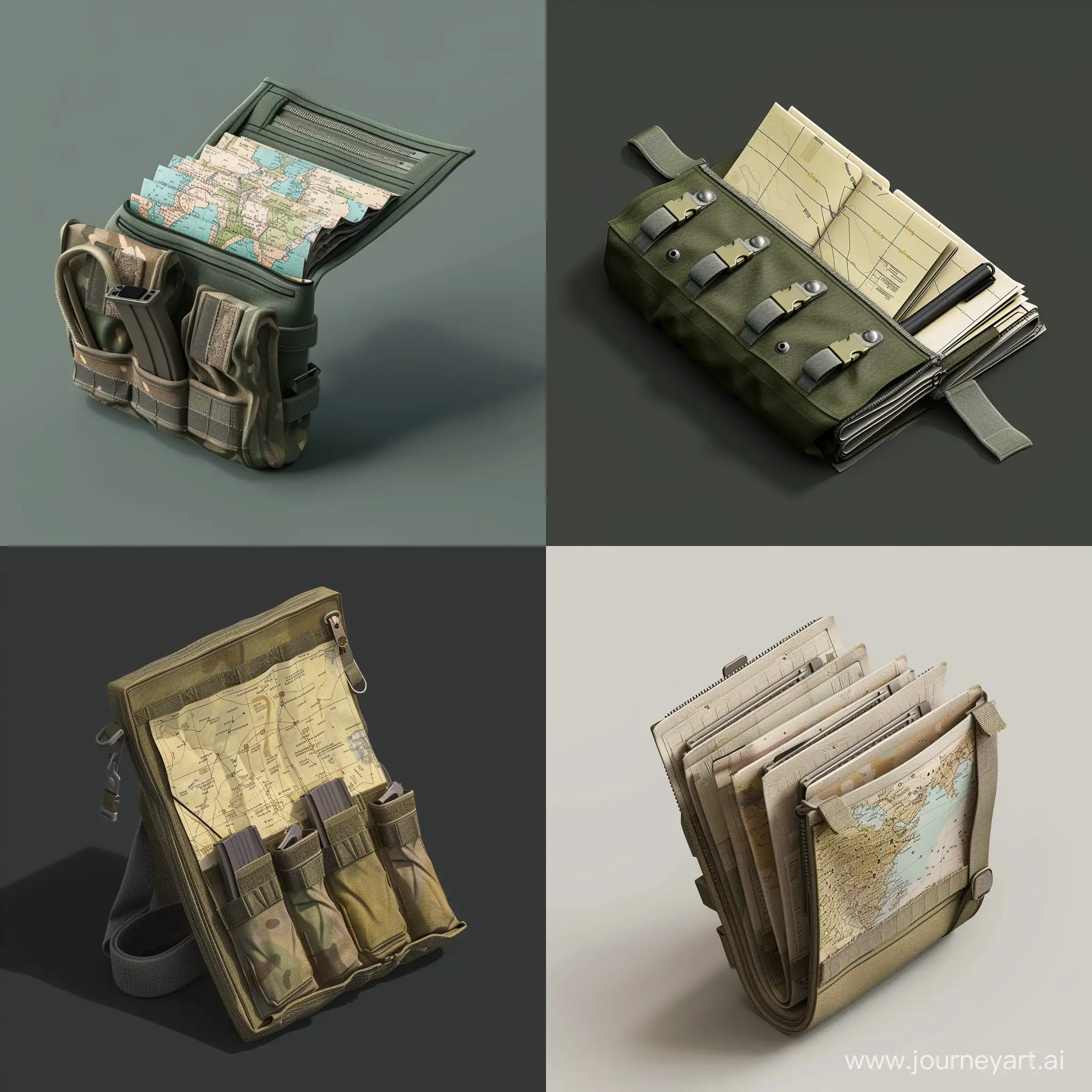 isometric military mapping cartographic set folded paper sticking out of mini long opened tactical pouch folder, 3d render, tarkov style
