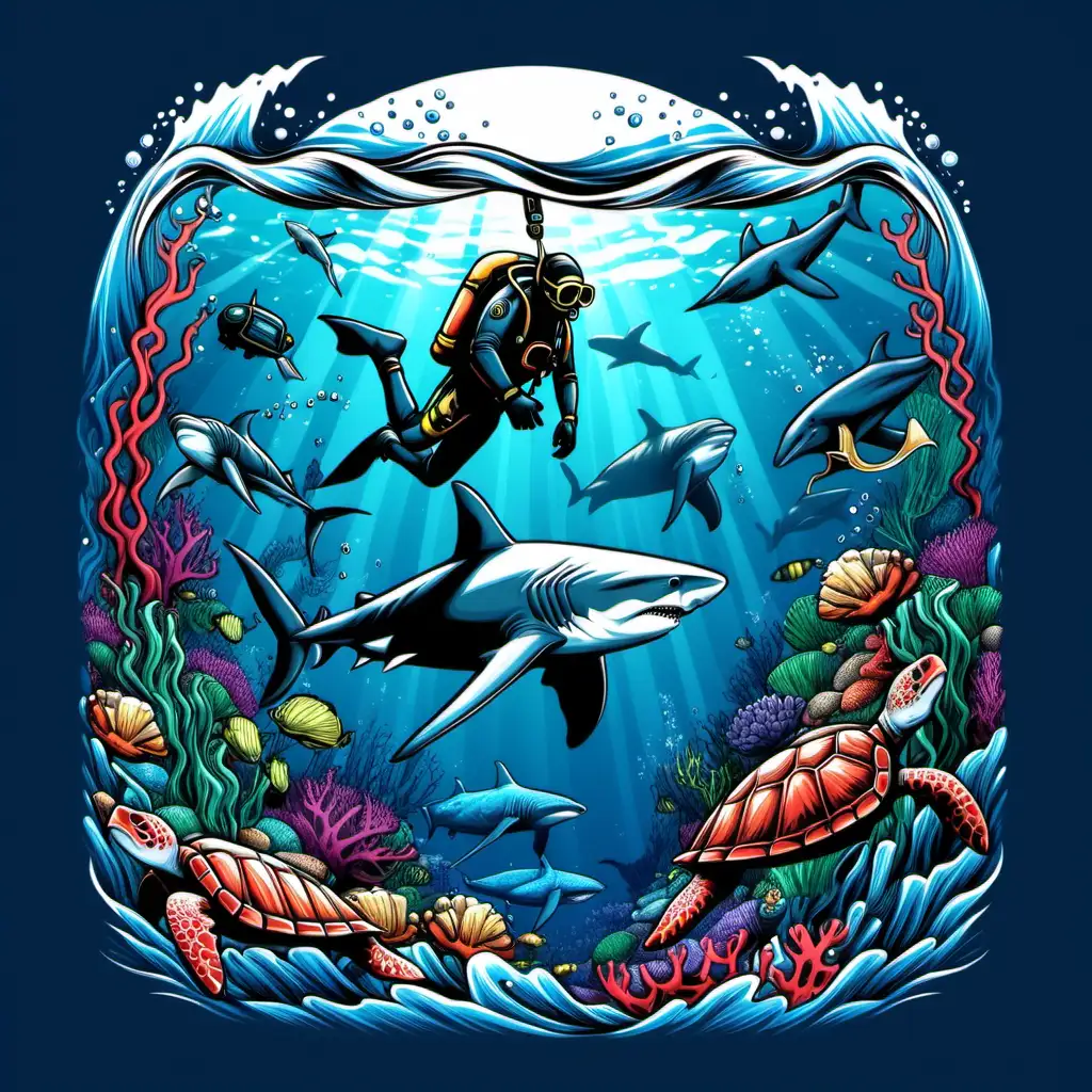 Divers Encounter Marine Life Sharks Whales and Turtles Tshirt Design